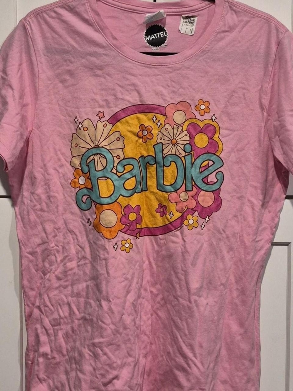 Mattel Barbie Pink Graphic Tee with Yellow and Teal Retro Logo